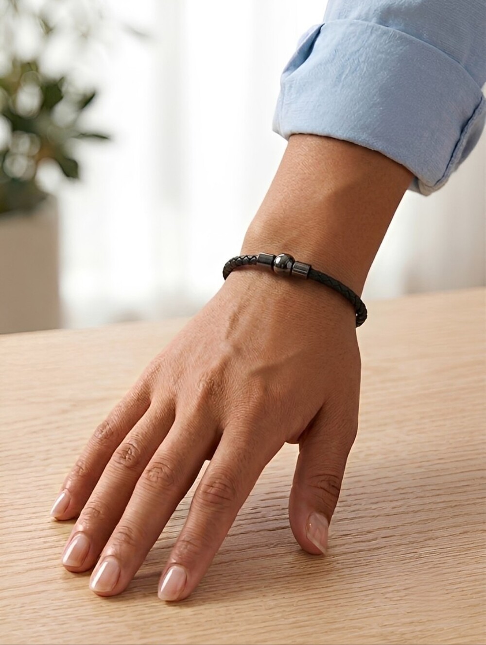 Linx Black Leather Braided Cord Bracelet with Black Magnetic Clasp
